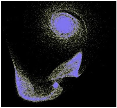 Essa simulação demonstra o processo de perda ressonante. Estrelas da galáxia anã (embaixo) orbitando um sistema maior (acima) são perdidas pela gravidade da galáxia maior, gerando uma longa cauda de estrelas. Imagem: Elena D’Onghia (CfA).