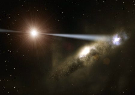 Quasar HE0450 aparentemente está puxando gás de uma galáxia próxima e então alimentando-a com matéria para a formação de novas estrelas.