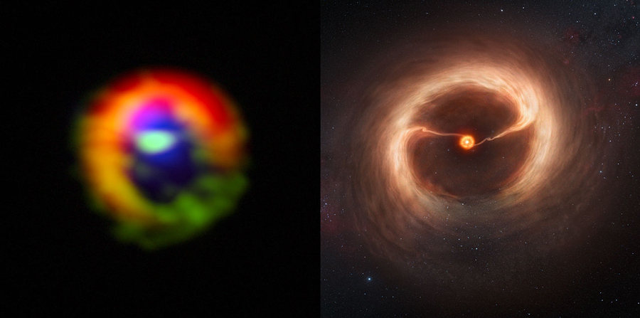 Side-by-side comparison of ALMA observations and artist’s impr