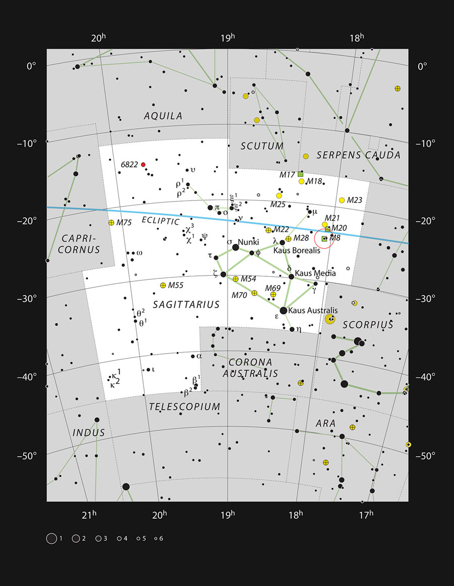Este mapa mostra a localização da região de formação estelar Messier 8, também conhecida por Nebulosa da Lagoa, na constelação do Sagitário. O mapa mostra a maioria das estrelas visíveis a olho nu sob boas condições de observação, sendo que a Messier 8 propriamente dita se encontra marcada com um círculo vermelho. Este objeto brilhante é visível a olho nu apresentando-se como uma pequena mancha no coração da Via Láctea e através de um telescópio amador de tamanho moderado torna-se uma visão espetacular.