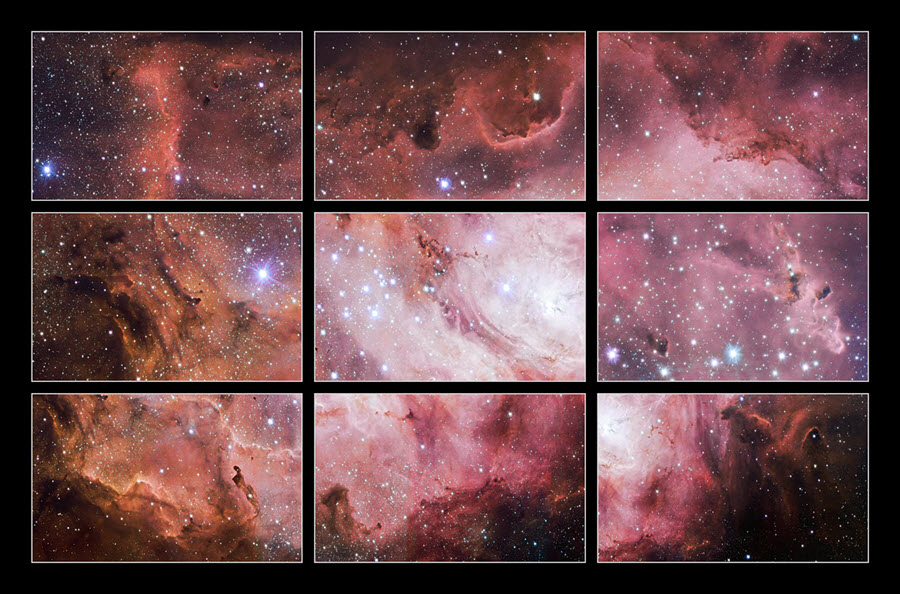 Estas imagens de pormenor foram retiradas da nova imagem da Nebulosa da Lagoa obtida pelo Telescópio de Rastreio do VLT (VST). Esta nuvem gigante de gás e poeira, para além de estar a formar estrelas jovens intensamente brilhantes, alberga no seu seio enxames estelares jovens. Estes dados fazem parte da enorme coleção de imagens públicas obtidas pelos telescópios de rastreio do ESO.