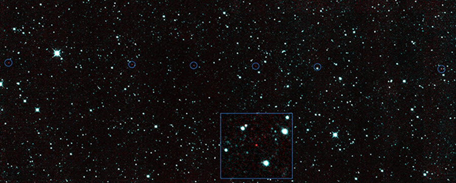 Os seis pontos vermelhos mostrados na imagem composta acima, indicam a localização do primeiro novo asteroide próximo da Terra, observado pela missão Near-Earth Object Wide-field Infrared Survey Explorer (NEOWISE) desde que a sonda voltou de sua hibernação em Dezembro de 2013. O asteroide, chamado de 2013 YP139, é o primeiro de centenas de rochas espaciais que espera-se sejam descobertas durante a missão renovada. O detalhe da imagem acima, mostra uma visão detalhada de uma das detecções do 2013 YP139.