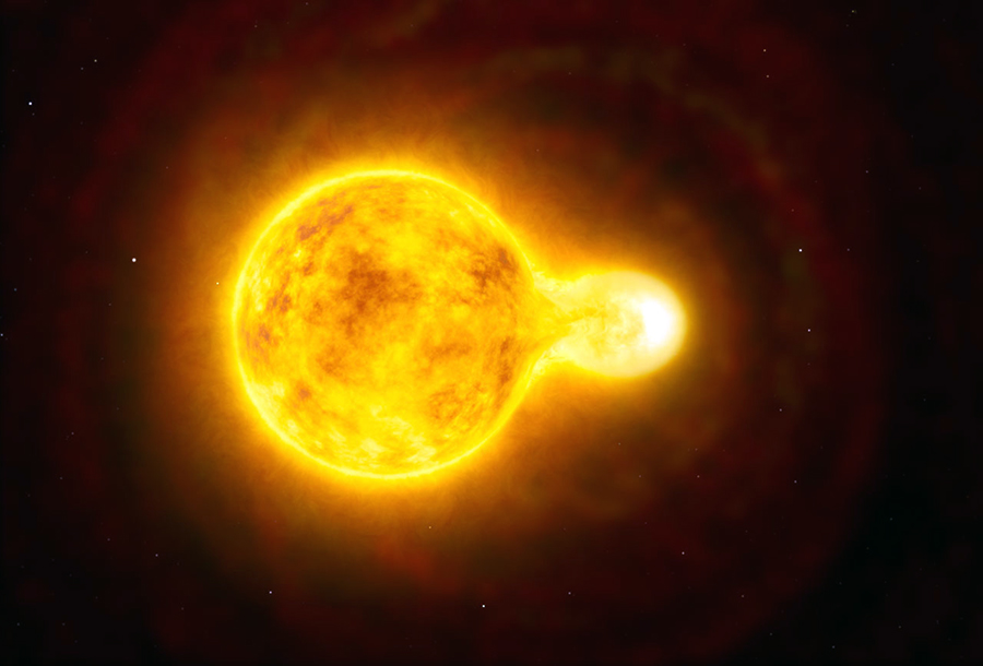 Esta impressão artística mostra a estrela hipergigante amarela HR 5171, um tipo muito raro de estrelas com apenas cerca de uma dúzia conhecidas na nossa Galáxia. O seu tamanho é superior a 1300 vezes o tamanho do Sol e é uma das dez maiores estrelas conhecidas até à data. Observações obtidas com o Interferómetro do Very Large Telescope do ESO mostraram que se trata na realidade de um sistema duplo, onde a companheira está em contacto com a estrela principal.