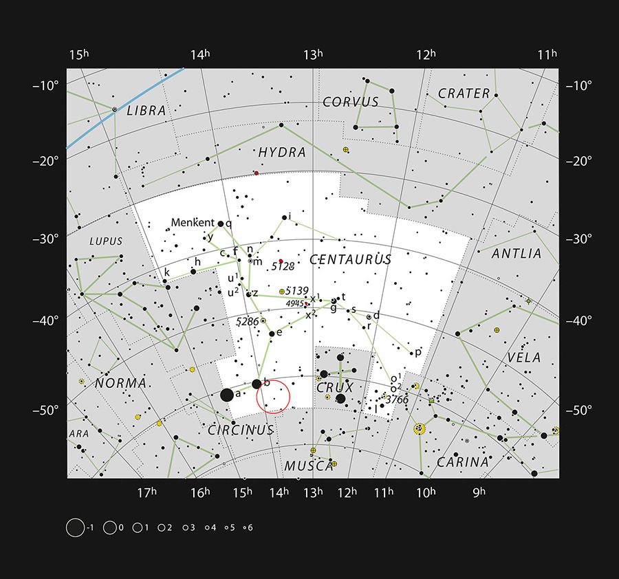 Este mapa mostra a constelação de Centauro, onde estão assinaladas a maioria das estrelas visíveis a olho nu num céu escuro. A posição da estrela hipergigante amarela HR 5171 está marcada com um círculo vermelho. Esta estrela pode ser facilmente observada com binóculos.