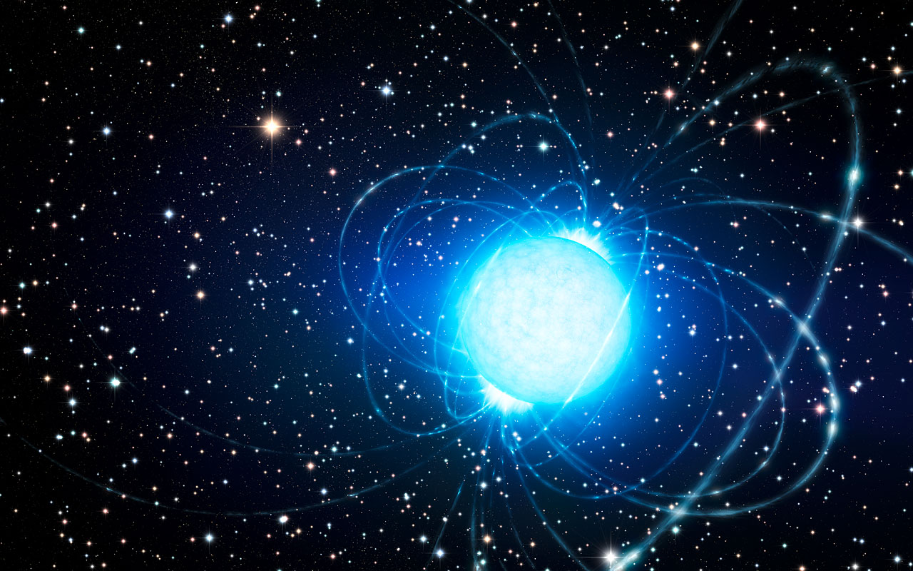 Esta impressão artística mostra a estrela magnética no enxame estelar  jovem Westerlund 1. Este enxame contém centenas de estrelas de massa muito elevada, algumas das quais resplandecendo com o brilho equivalente a quase um milhão de sóis. Astrónomos europeus demonstraram, pela primeira vez, que esta estrela magnética - um tipo invulgar de estrela de neutrões com um campo magnético extremamente poderoso - se formou, muito provavelmente, num sistema estelar binário. A descoberta da anterior companheira da estrela magnética num local diferente do enxame, ajuda a resolver o mistério de como é que uma estrela que começou por possuir uma massa tão elevada pôde dar origem a uma estrela magnética, em vez de colapsar sob a forma de um buraco negro.