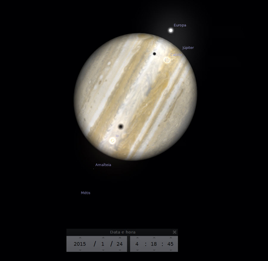 04:18 - Fim do trânsito triplo, a sombra de Io emerge do disco de Júpiter.