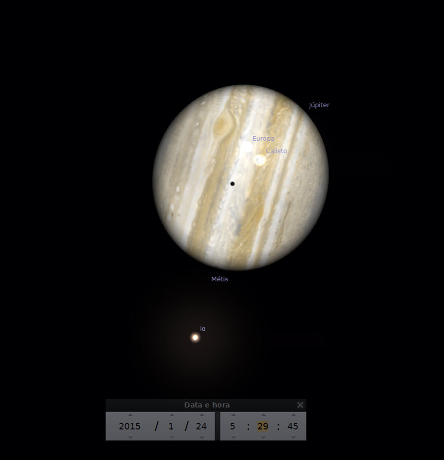 05:29 - A sombra de Calisto emerge do disco do planeta Júpiter. Por volta das 06:40 (já de dia) a sombra de Europa emerge do disco de Júpiter.