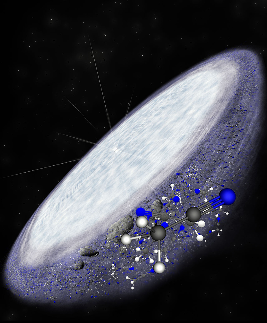 Concepção artística do disco protoplanetário que rodeia a jovem estrela MWC 480. O ALMA detectou a molécula orgânica complexa de cianeto de metila nas regiões periféricas do disco, numa zona onde se pensa que os cometas se formam. Esta é mais uma indicação de que a química orgânica complexa e potencialmente as condições necessárias ao desenvolvimento da vida são universais. Crédito: B. Saxton (NRAO/AUI/NSF)