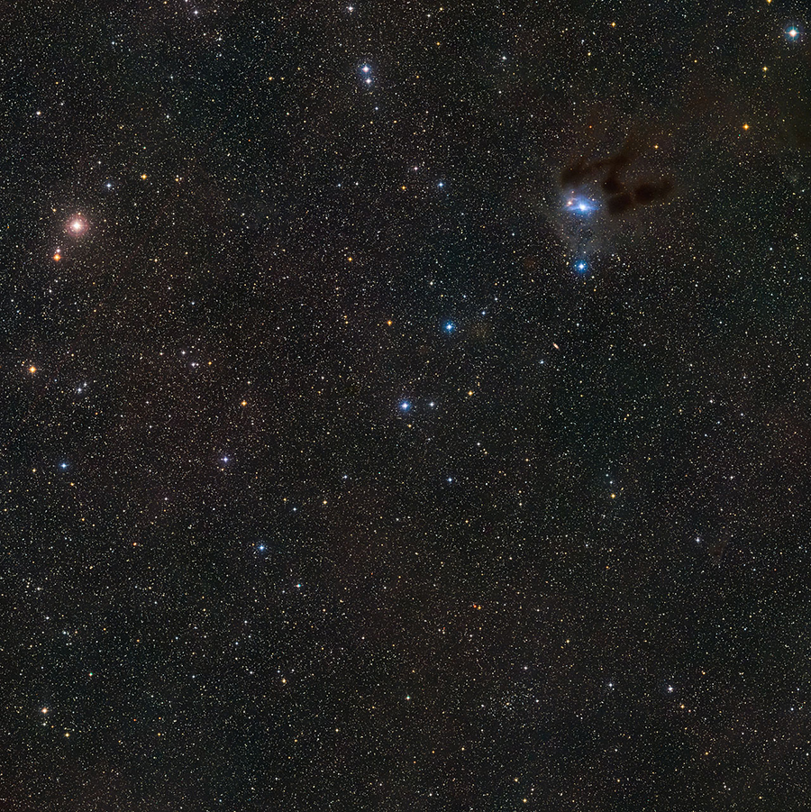 Esta imagem mostra o céu em torno da jovem estrela MWC 480 situada na constelação do Touro. A imagem foi criada a partir de dados do Digitized Sky Survey 2. Crédito: ESO/Digitized Sky Survey 2