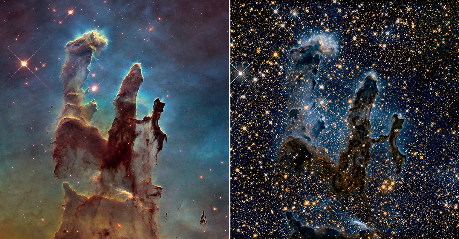 Os Pilares da Criação revisitados. À direita imagem em infravermelho dos pilares na Nebulosa da Águia.