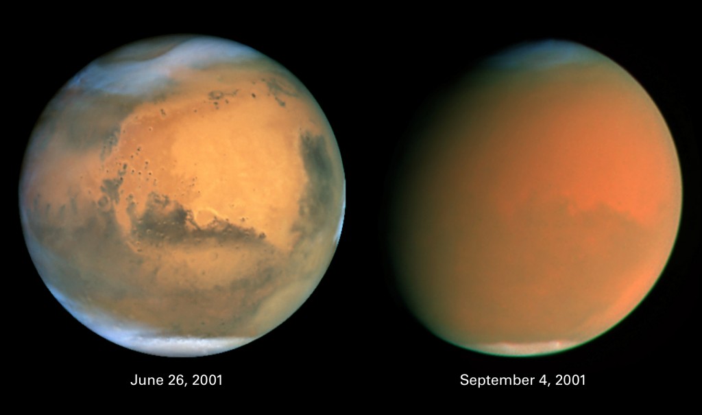 A dinâmica do Planeta Marte, Hubble registrou em 2001 tempestade tomando conta de todo o planeta.