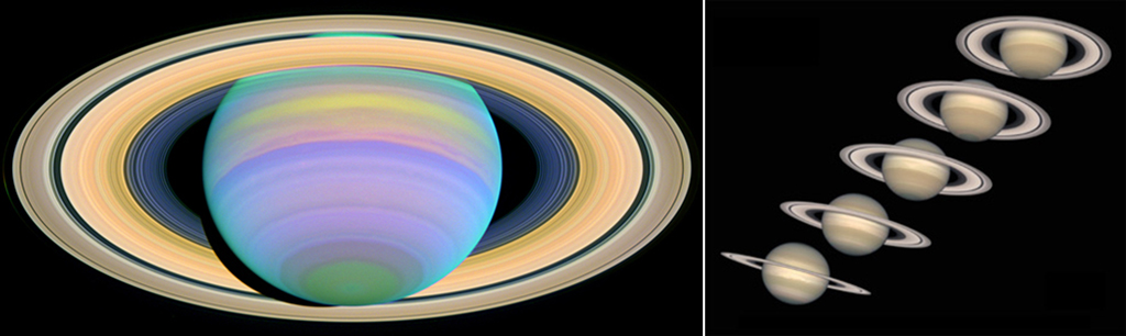 Na imagem da esquerda o Hubble registrou o planeta Saturno na luz ultravioleta, e na direita uma montagem mostrando  a diferença de angulação dos anéis e as estações do ano no planeta.