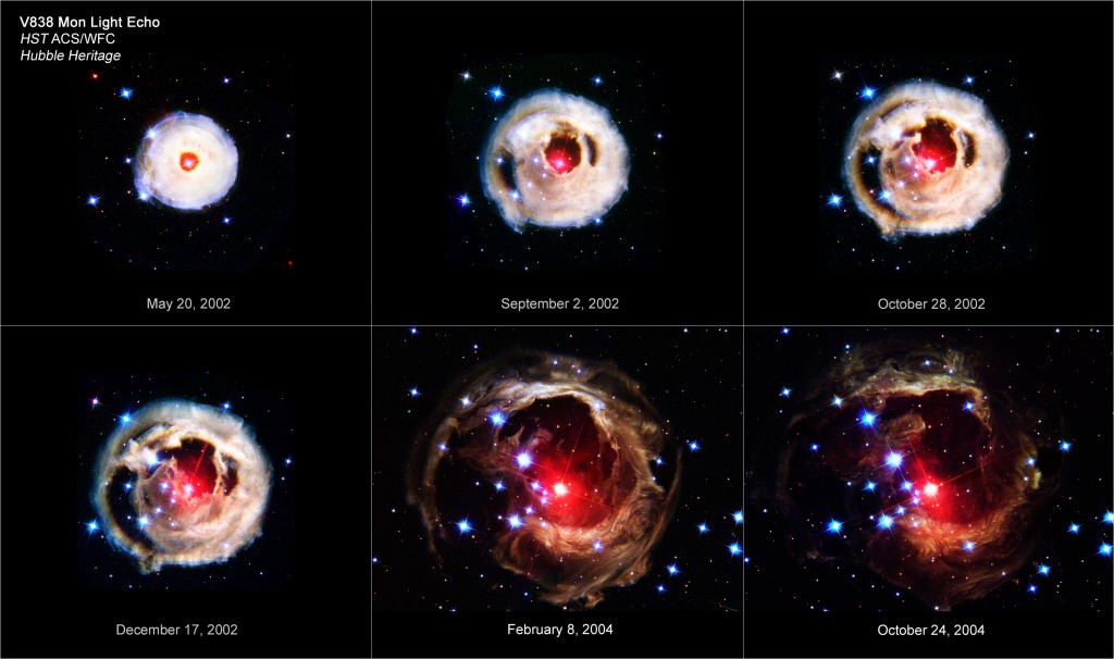 Hubble registrou o pulso de luz da explosão da estrela V838 viajando pelo espaço ao seu redor.