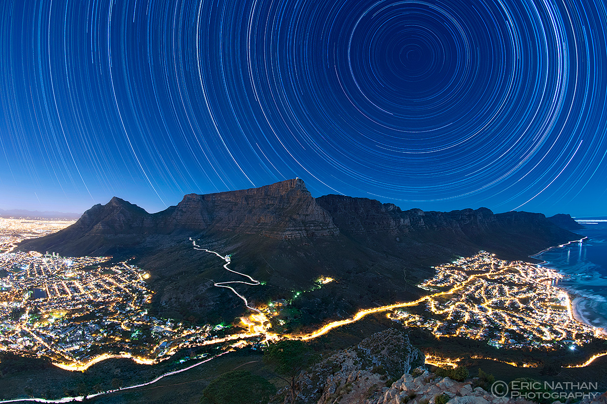 Star trails over Cape Town, South Africa.