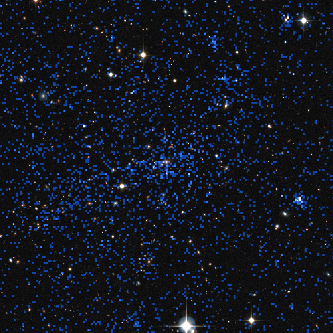 Composite of X-ray and visible light views of a distant cluster