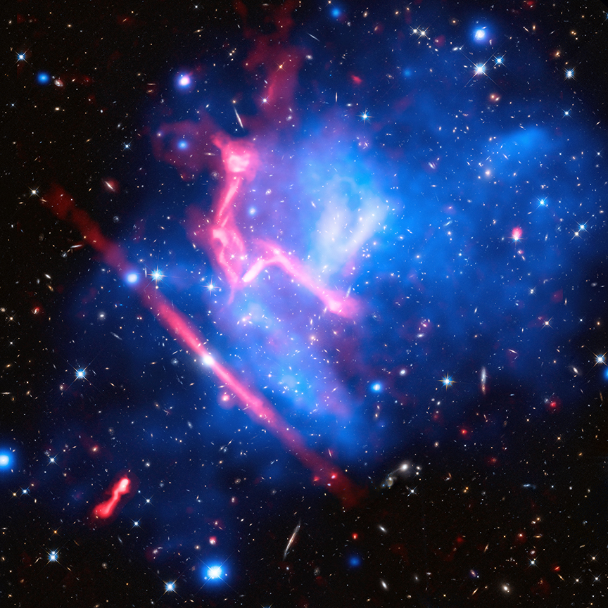Two galaxy clusters located about 4.3 billion and 5.4 billion light years away respectively.