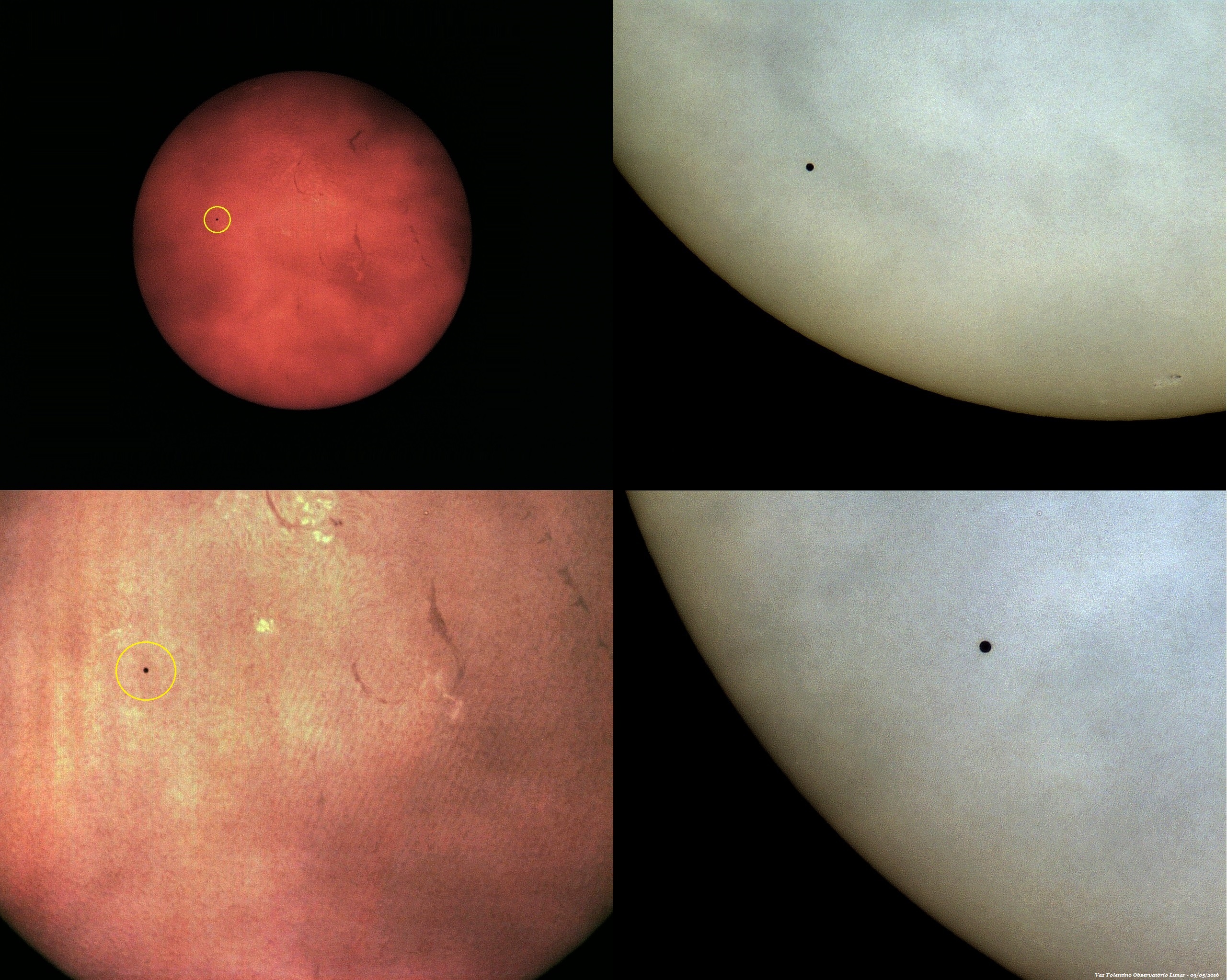 Composição fotográfica obtida através das nuvens, mostrando alguns momentos do trânsito de Mercúrio em 09 de maio de 2016 – fotos com apenas 1 frame – VTOL.