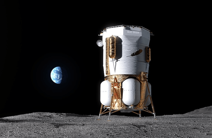 An artist’s rendering of Blue Origin’s Blue Moon Mark 1 lunar lander on the surface of the Moon. Graphic: Blue Origin
