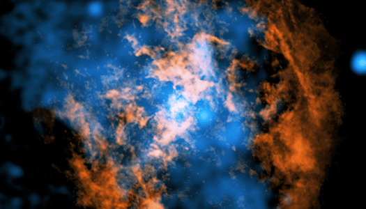 O coração da Via Láctea pulsa: uma representação artística do poderoso vento de Sagittarius A* esculpindo o gás e a poeira circundantes.