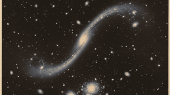 Uma lente gravitacional cósmica, formada pelo aglomerado de galáxias MACS J0138.0-2155, amplifica e distorce a luz da distante galáxia MRG-M0138, revelando segredos de um buraco negro supermassivo adormecido.