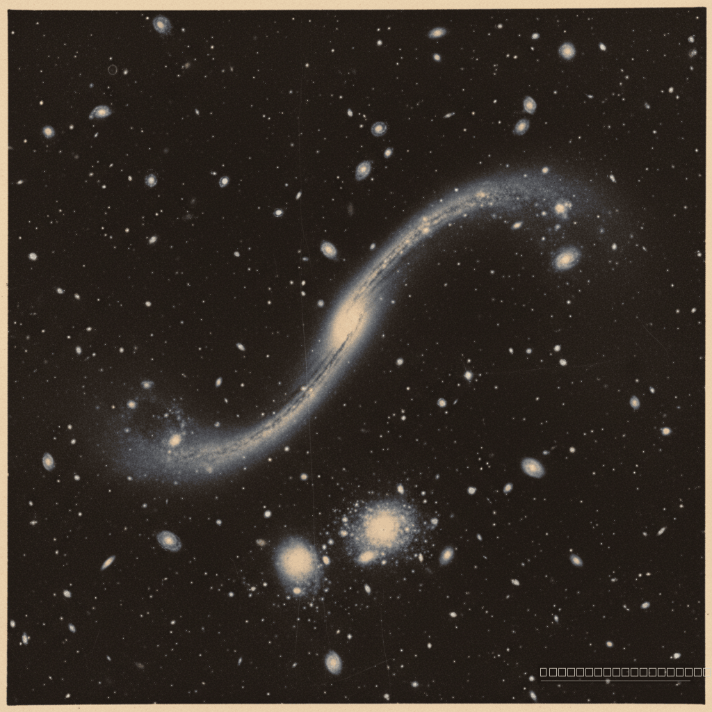 Uma lente gravitacional cósmica, formada pelo aglomerado de galáxias MACS J0138.0-2155, amplifica e distorce a luz da distante galáxia MRG-M0138, revelando segredos de um buraco negro supermassivo adormecido.