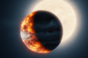 O exoplaneta WASP-94A b, um Júpiter quente, revela sua face diurna abrasadora e nublada, banhada pela intensa luz de sua estrela hospedeira. A assimetria atmosférica, com manhãs nubladas e noites claras, é visível na transição dramática entre os hemisférios.