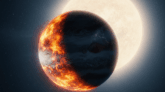 O exoplaneta WASP-94A b, um Júpiter quente, revela sua face diurna abrasadora e nublada, banhada pela intensa luz de sua estrela hospedeira. A assimetria atmosférica, com manhãs nubladas e noites claras, é visível na transição dramática entre os hemisférios.