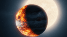 O exoplaneta WASP-94A b, um Júpiter quente, revela sua face diurna abrasadora e nublada, banhada pela intensa luz de sua estrela hospedeira. A assimetria atmosférica, com manhãs nubladas e noites claras, é visível na transição dramática entre os hemisférios.