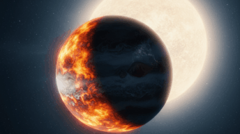 O exoplaneta WASP-94A b, um Júpiter quente, revela sua face diurna abrasadora e nublada, banhada pela intensa luz de sua estrela hospedeira. A assimetria atmosférica, com manhãs nubladas e noites claras, é visível na transição dramática entre os hemisférios.