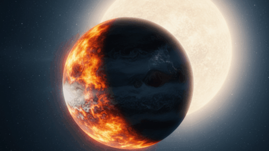 O exoplaneta WASP-94A b, um Júpiter quente, revela sua face diurna abrasadora e nublada, banhada pela intensa luz de sua estrela hospedeira. A assimetria atmosférica, com manhãs nubladas e noites claras, é visível na transição dramática entre os hemisférios.