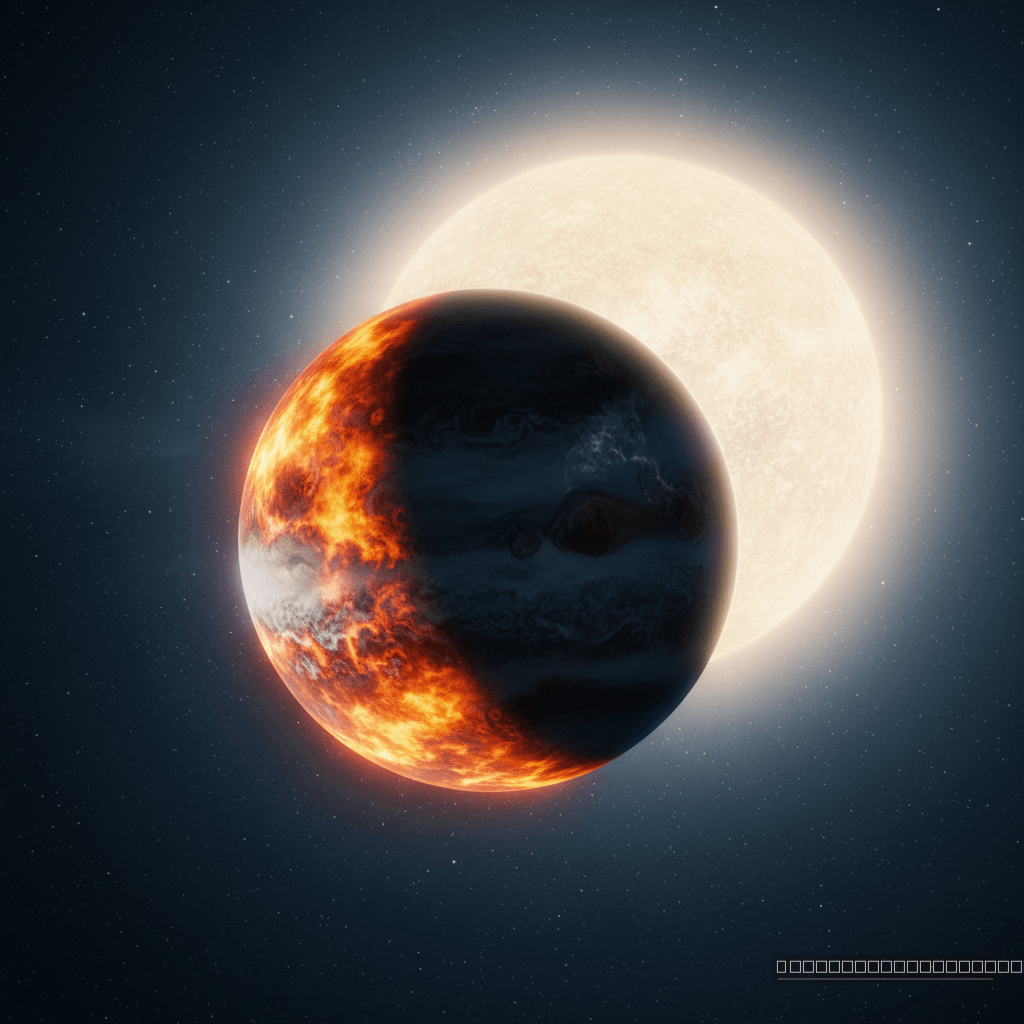 O exoplaneta WASP-94A b, um Júpiter quente, revela sua face diurna abrasadora e nublada, banhada pela intensa luz de sua estrela hospedeira. A assimetria atmosférica, com manhãs nubladas e noites claras, é visível na transição dramática entre os hemisférios.