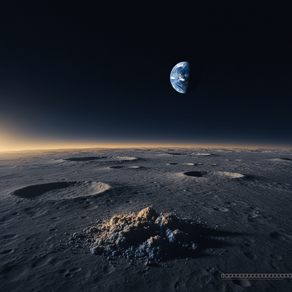 A superfície lunar, um arquivo cósmico de bilhões de anos de impactos. Cada grão de regolito guarda segredos sobre a formação do nosso sistema solar.