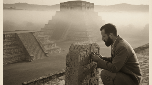 O arqueólogo John Justeson desvenda os segredos do 'Glifo W' em uma estela de Monte Albán, revelando um sofisticado calendário lunar zapoteca.