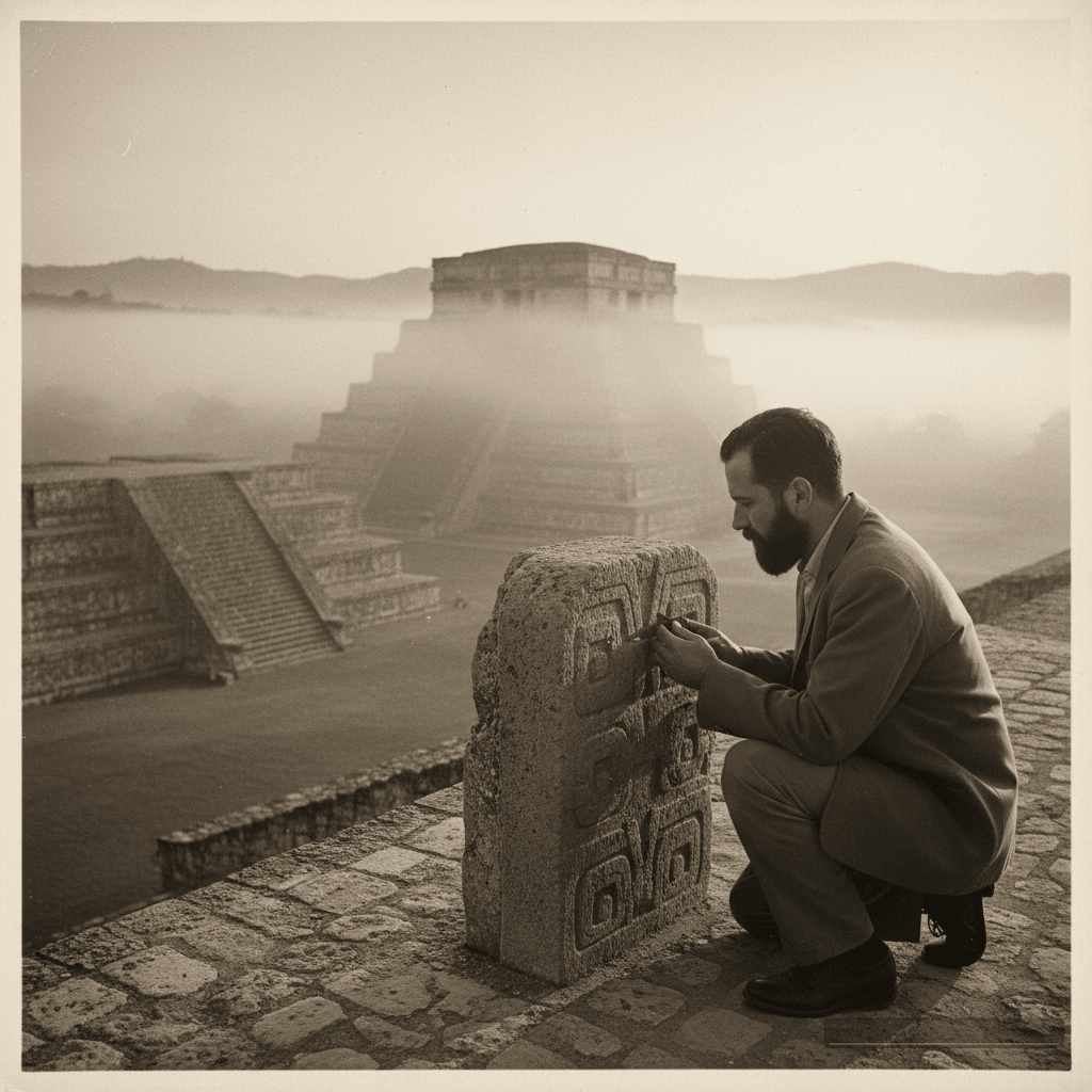 O arqueólogo John Justeson desvenda os segredos do 'Glifo W' em uma estela de Monte Albán, revelando um sofisticado calendário lunar zapoteca.