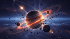 O delicado balé gravitacional das luas de Júpiter, um relógio cósmico que, segundo novas pesquisas, teve uma chance de sobrevivência inferior a 15% durante a instabilidade primordial do Sistema Solar.