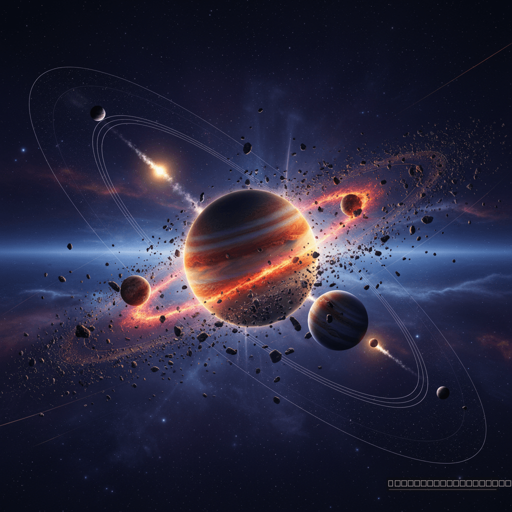 O delicado balé gravitacional das luas de Júpiter, um relógio cósmico que, segundo novas pesquisas, teve uma chance de sobrevivência inferior a 15% durante a instabilidade primordial do Sistema Solar.