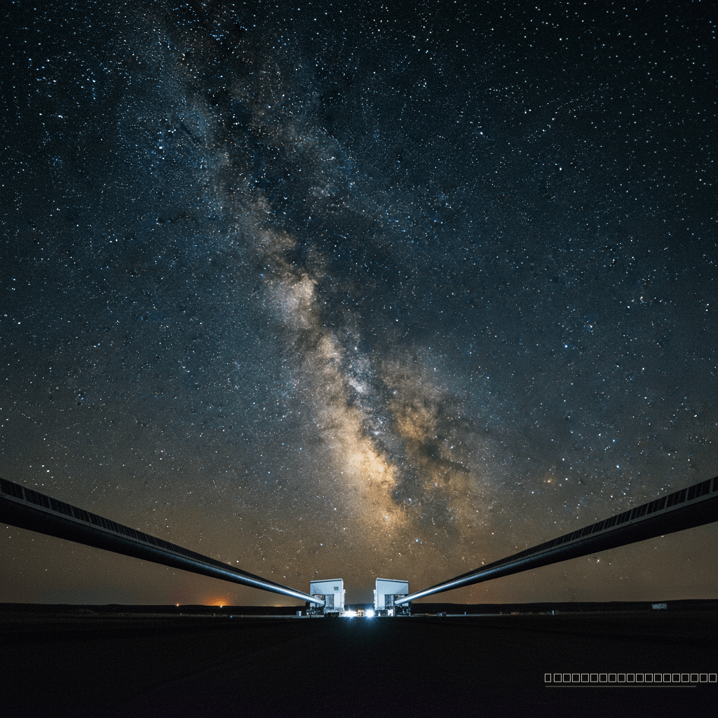 Os braços de 4 quilômetros do detector LIGO em Hanford, Washington, se estendem sob um manto estelar, uma maravilha da engenharia projetada para 'ouvir' as mais tênues ondulações no espaço-tempo.