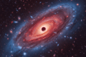 Uma 'Pequena Bolinha Vermelha' (LRD) – um buraco negro supermassivo em crescimento voraz – brilha intensamente no universo primordial, alimentando-se de gás em uma galáxia recém-nascida.