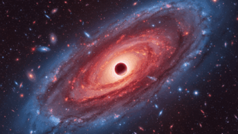 Uma 'Pequena Bolinha Vermelha' (LRD) – um buraco negro supermassivo em crescimento voraz – brilha intensamente no universo primordial, alimentando-se de gás em uma galáxia recém-nascida.
