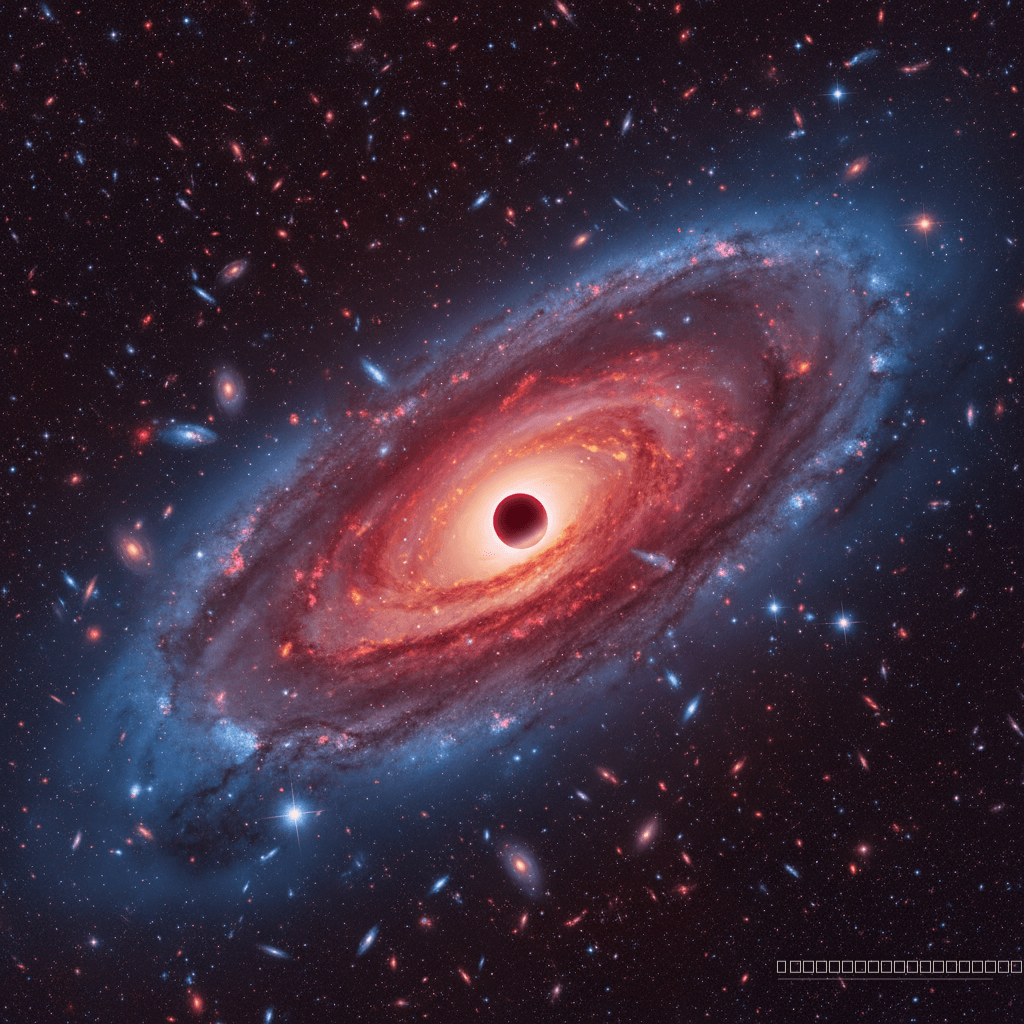 Uma 'Pequena Bolinha Vermelha' (LRD) – um buraco negro supermassivo em crescimento voraz – brilha intensamente no universo primordial, alimentando-se de gás em uma galáxia recém-nascida.