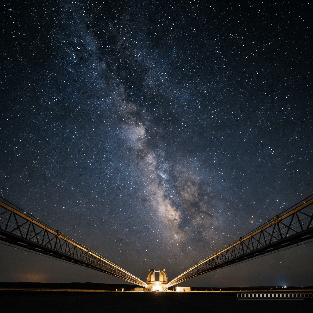 Noite estrelada sobre um detector de ondas gravitacionais, a nova janela da humanidade para o universo. A colaboração LVK perscruta o cosmos em busca dos ecos de colisões cósmicas distantes.