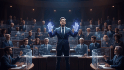 A Sinfonia da Descoberta: Uma inteligência artificial, como um maestro digital, guia a orquestra de mentes humanas na fronteira do conhecimento, amplificando a intuição em matemática e física.