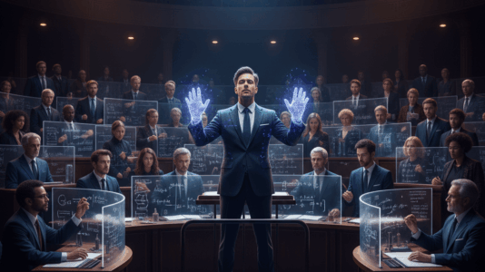 A Sinfonia da Descoberta: Uma inteligência artificial, como um maestro digital, guia a orquestra de mentes humanas na fronteira do conhecimento, amplificando a intuição em matemática e física.