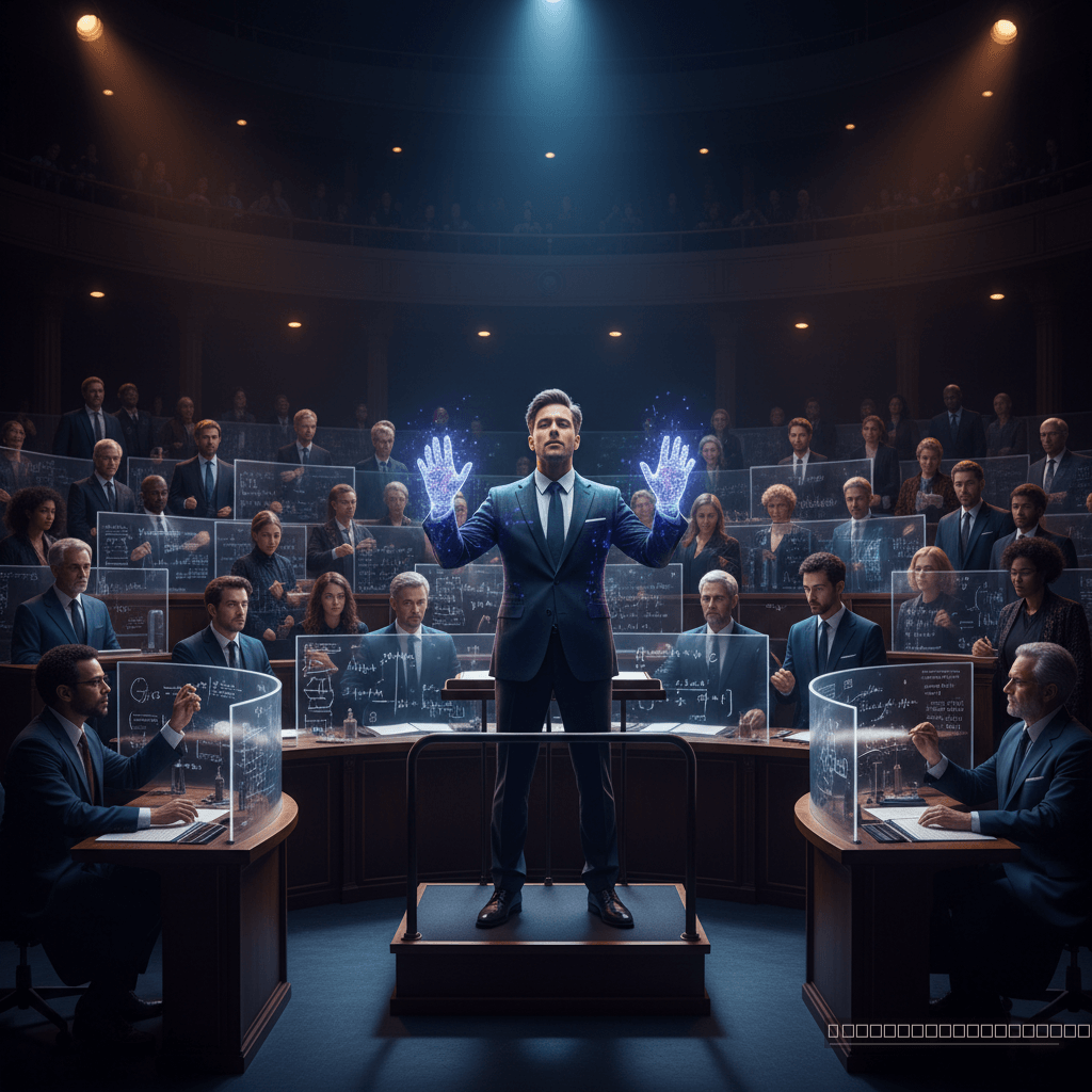 A Sinfonia da Descoberta: Uma inteligência artificial, como um maestro digital, guia a orquestra de mentes humanas na fronteira do conhecimento, amplificando a intuição em matemática e física.