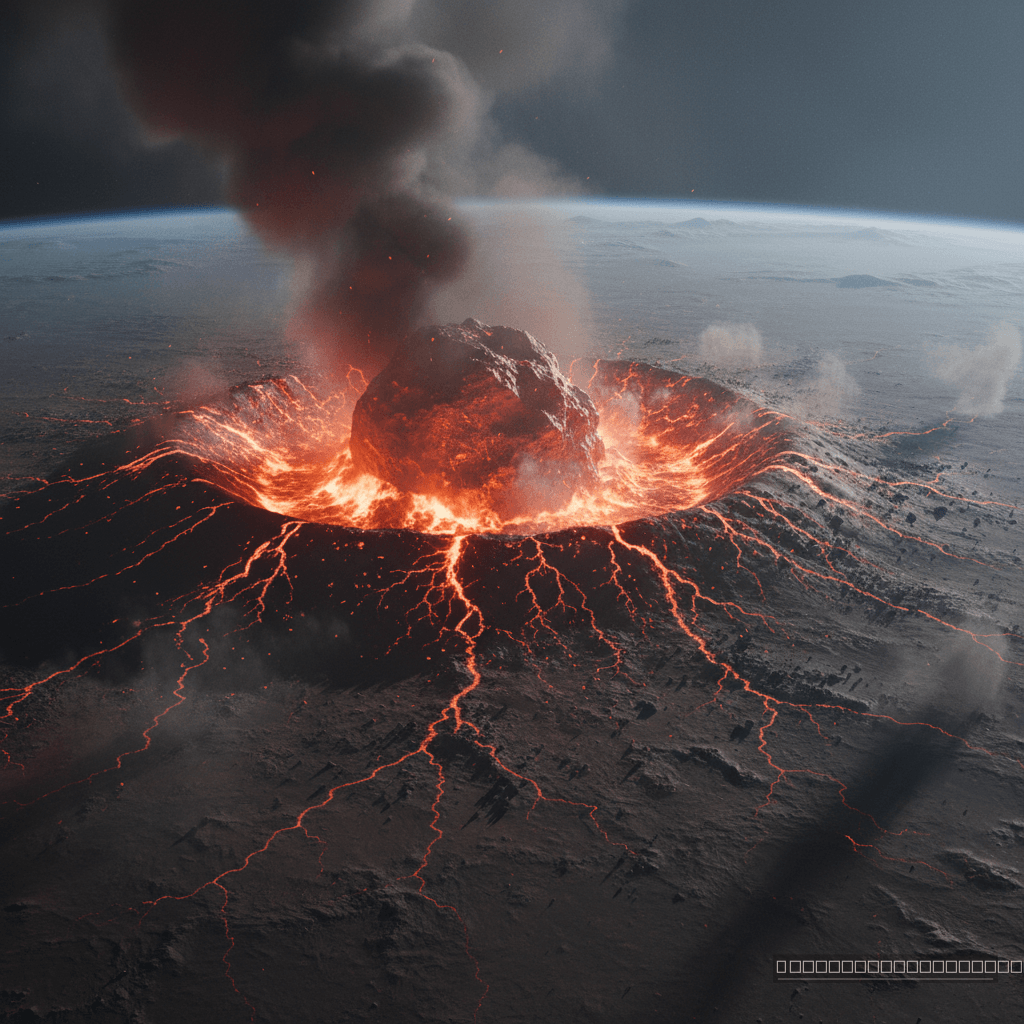 Um asteroide colossal colide com a Terra primitiva, desencadeando fraturas profundas na crosta e vaporizando oceanos, um evento que, paradoxalmente, pode ter semeado a vida.