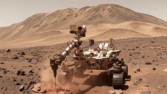 O rover Curiosity da NASA perfura uma rocha na Cratera Gale, desvendando bilhões de anos da história geológica de Marte através de suas camadas estratificadas.