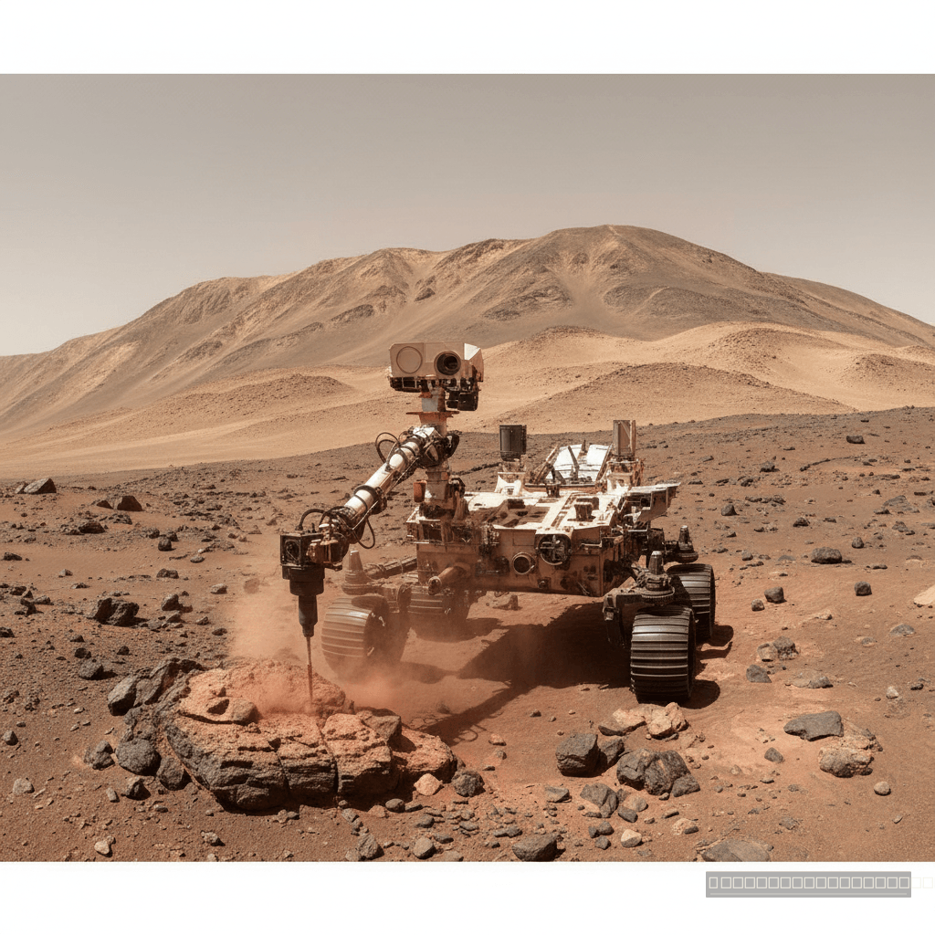O rover Curiosity da NASA perfura uma rocha na Cratera Gale, desvendando bilhões de anos da história geológica de Marte através de suas camadas estratificadas.