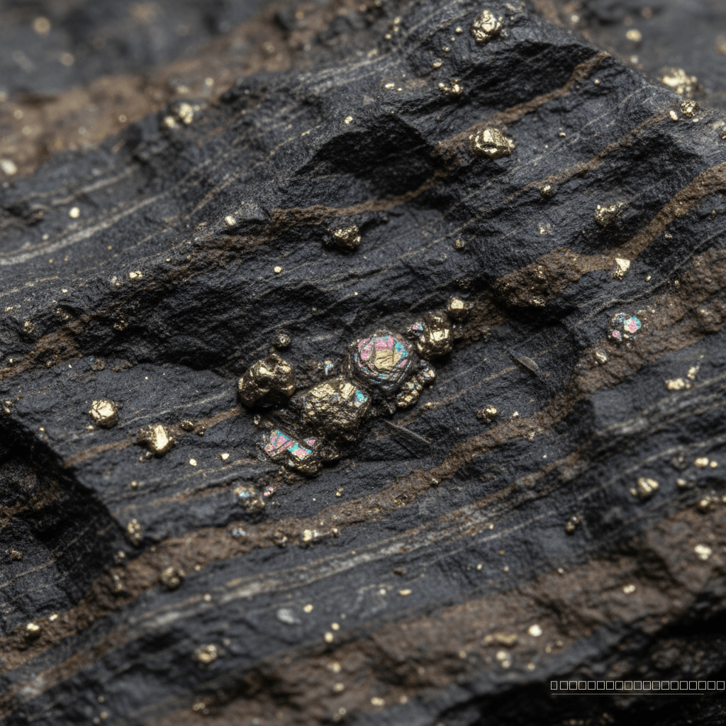 Pistas Geológicas: Cristais de pirita incrustados em xisto negro, testemunhas silenciosas da anoxia oceânica que sufocou a Terra primitiva, revelando segredos de bilhões de anos.