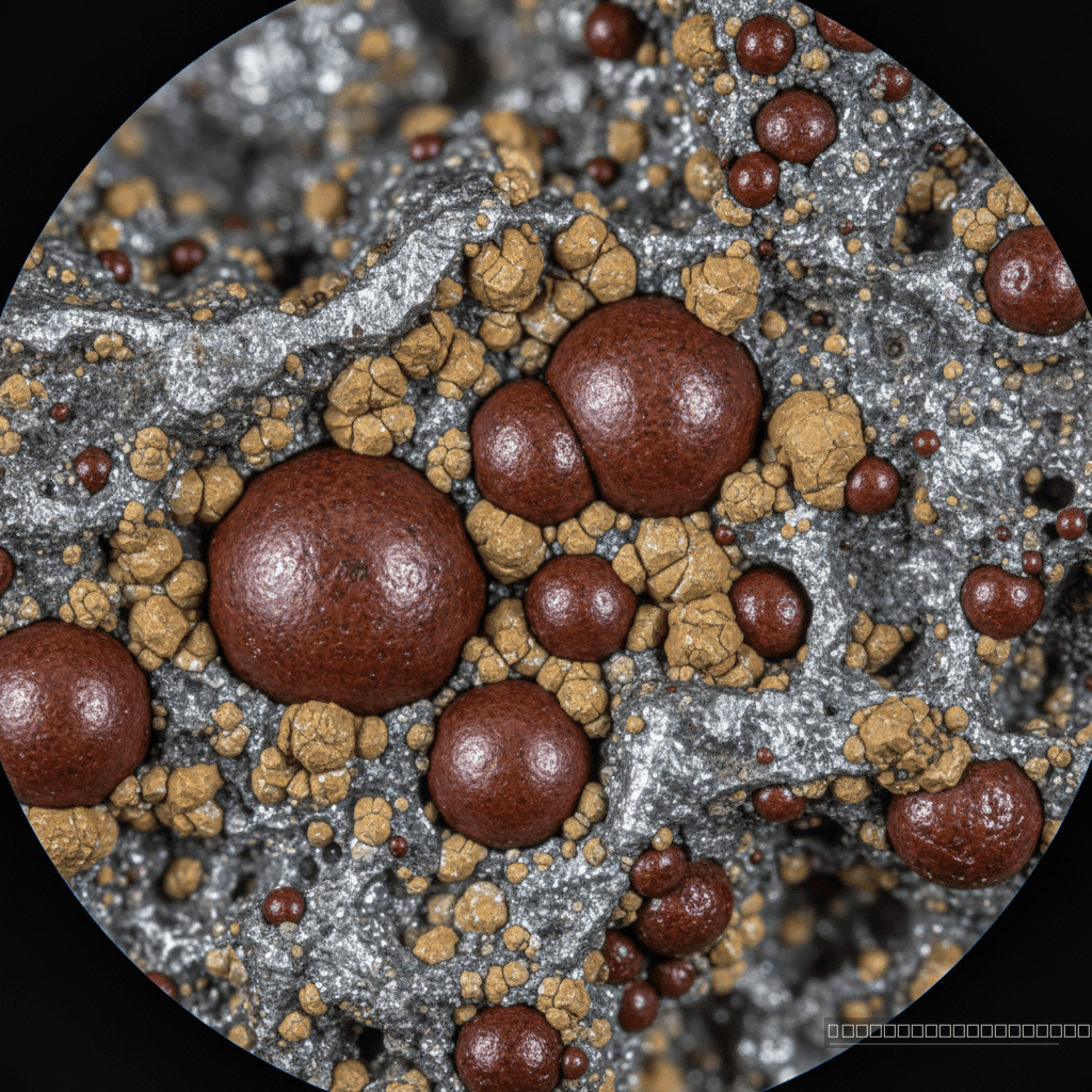 Nanocristais de hematita, como estas representações, atuam como cápsulas do tempo, revelando as condições de temperatura e água que moldaram o antigo Marte.