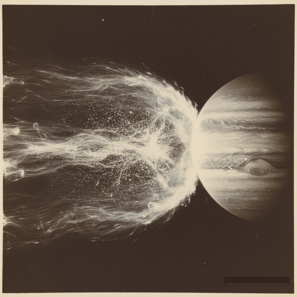 Uma representação do choque de proa de Júpiter, onde o vento solar encontra a magnetosfera do gigante gasoso, criando uma região turbulenta de foreshock que atua como um acelerador cósmico natural.